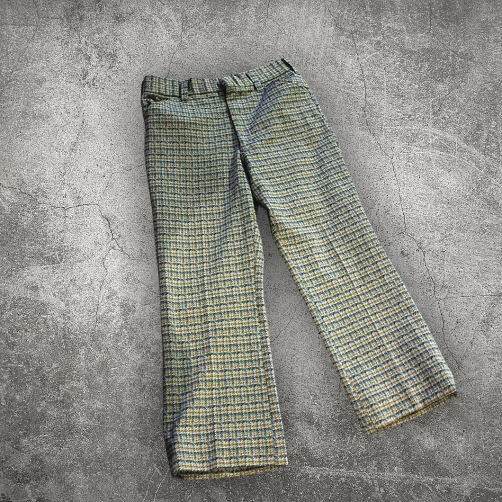 Vintage 1970s  Polyester Houndstooth Cropped Pants | Large